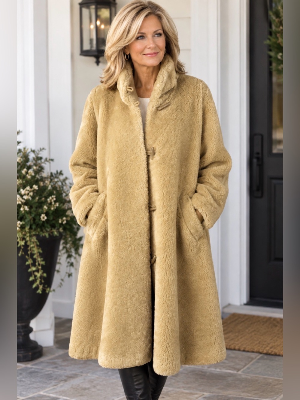 Hummelsheim faux fur teddy swing coat, toggle, size 8